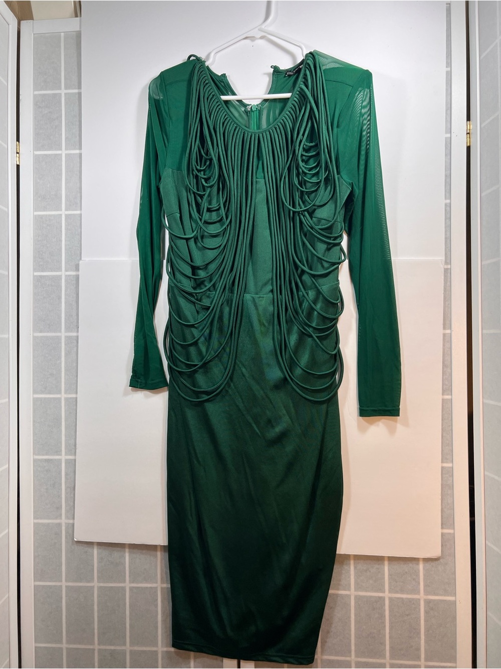Fashion Nova Emerald Green Long Sleeve Midi Dress with Draped Rope Detail